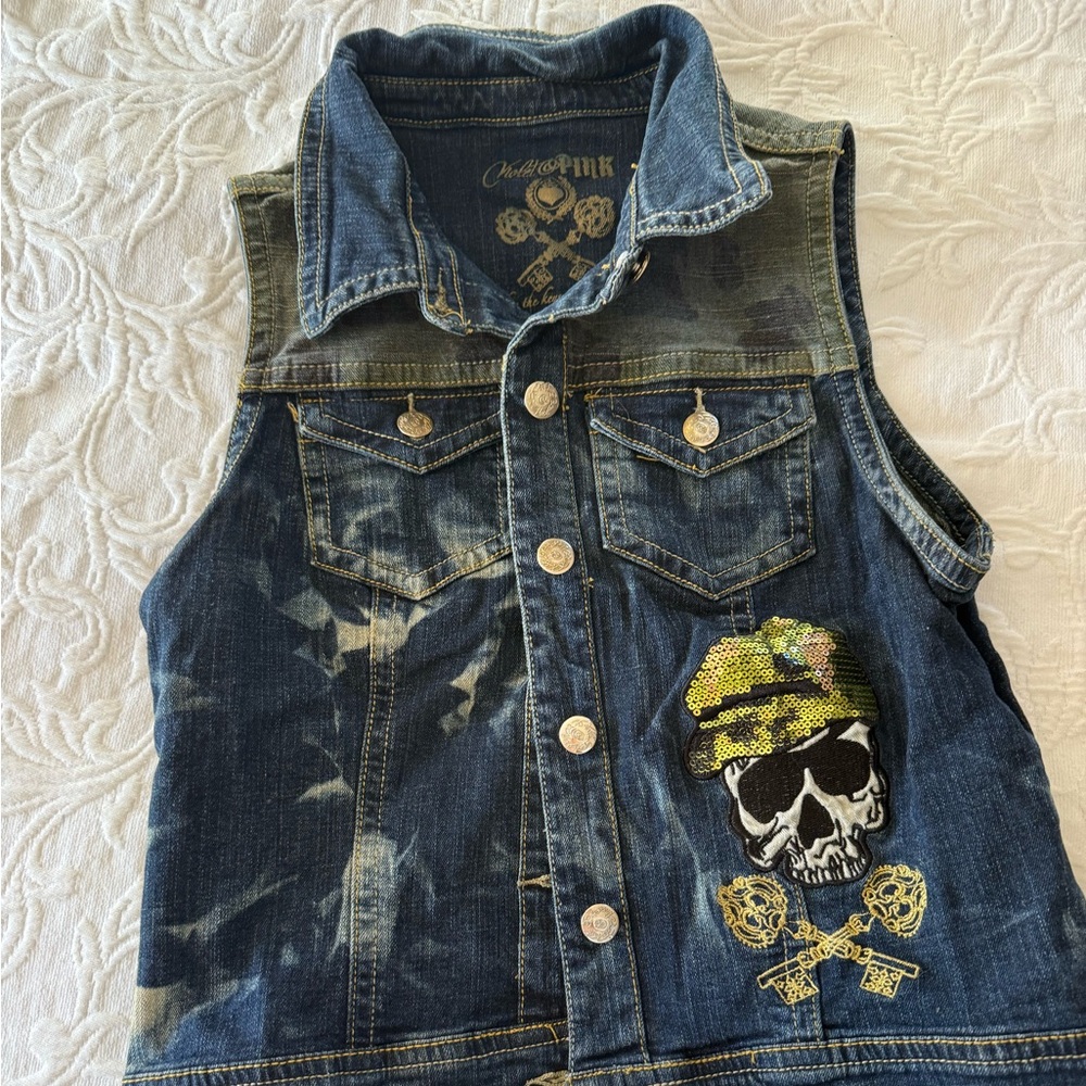 Violet & Pink Denim Vest Large Sequins Skull Keys Grunge Camouflage Distrssed